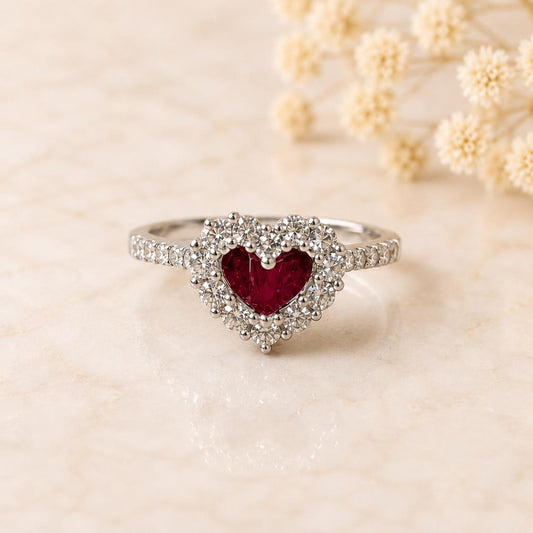 Natural Ruby Heart Ring, 18K White Gold, Baguette Ruby Diamond Halo Ring, July Birthstone Engagement Promise Ring