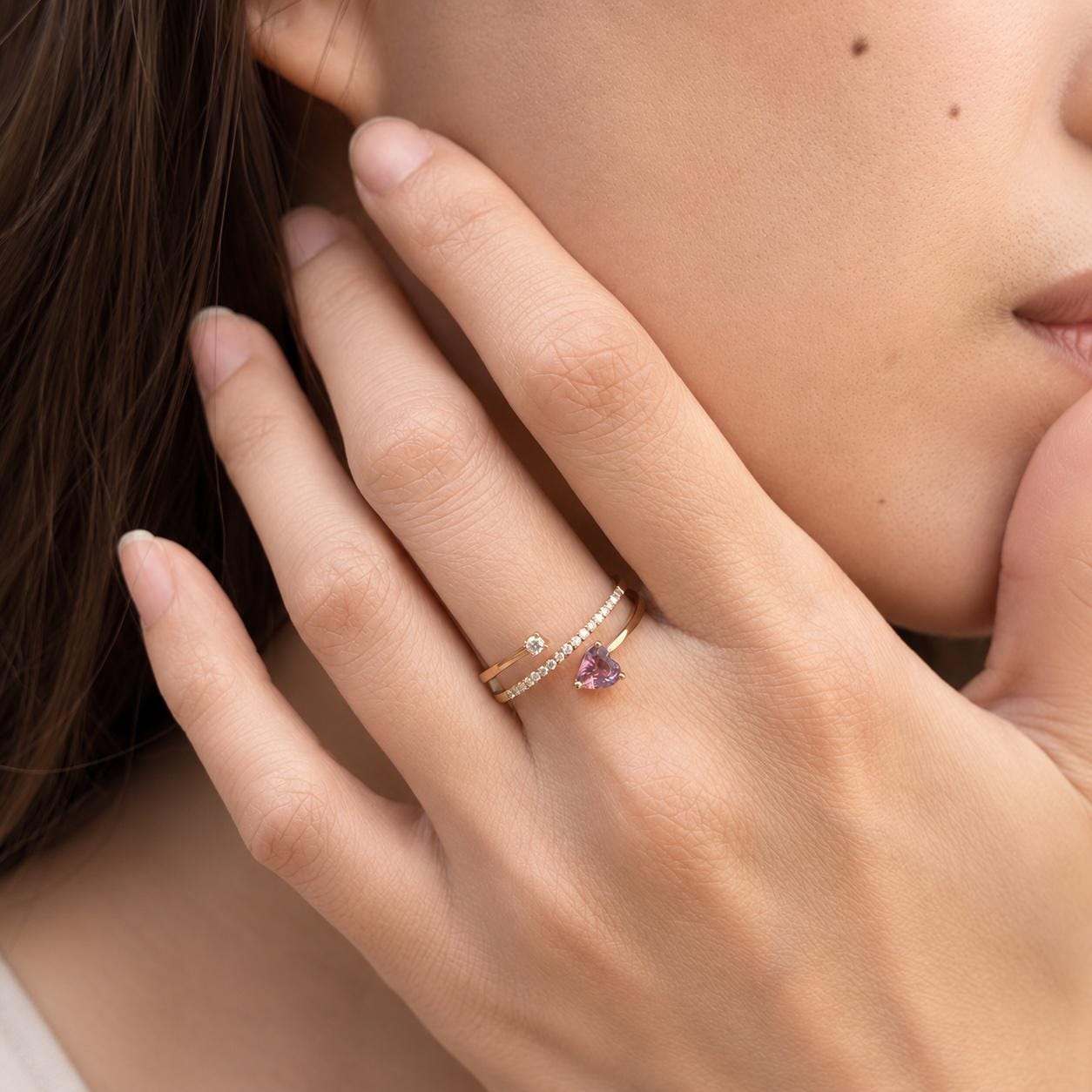 Natural Lavender Sapphire Heart Ring, 18K Rose Gold Open Bypass Ring, Genuine Diamond, September Birthstone Gift