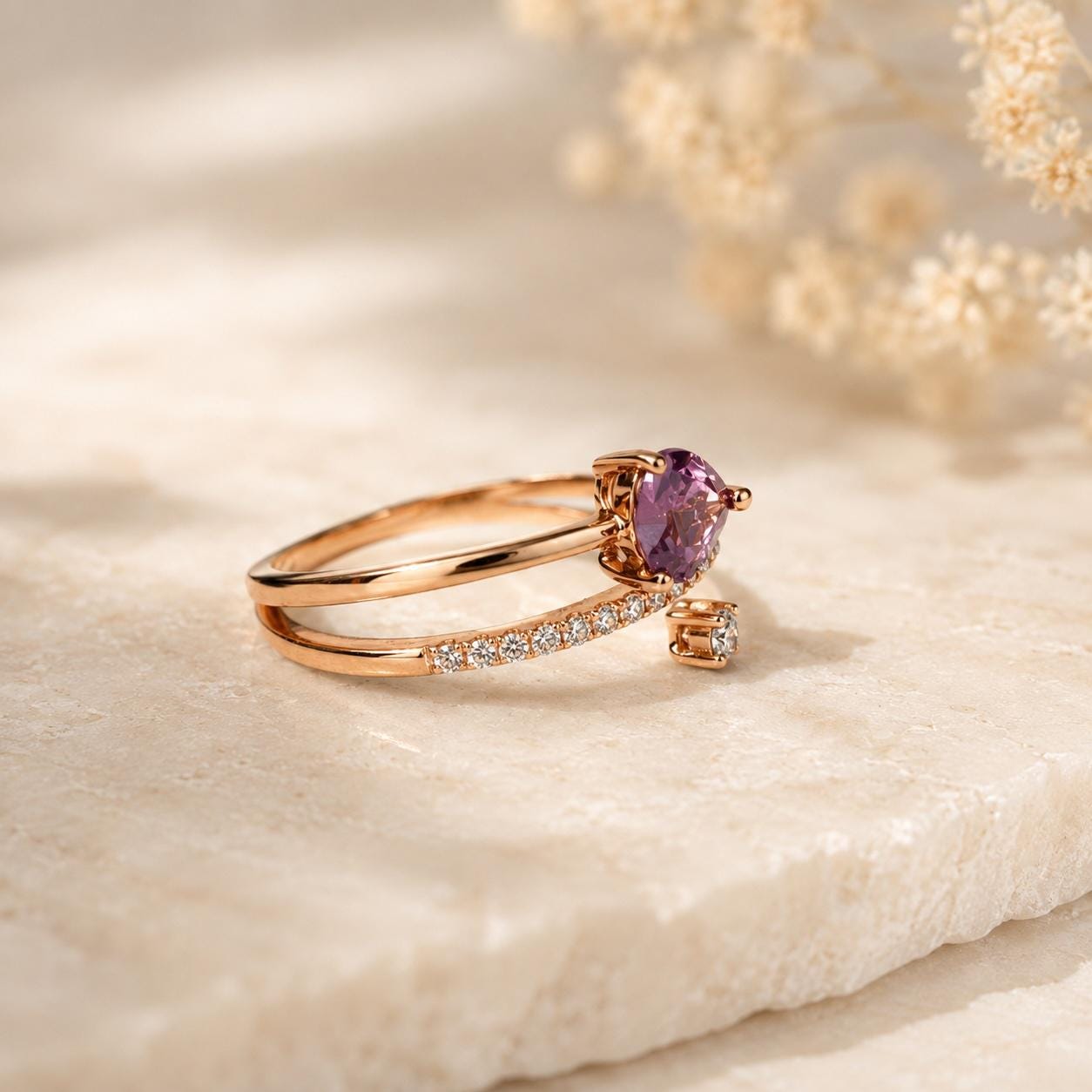 Natural Lavender Sapphire Heart Ring, 18K Rose Gold Open Bypass Ring, Genuine Diamond, September Birthstone Gift