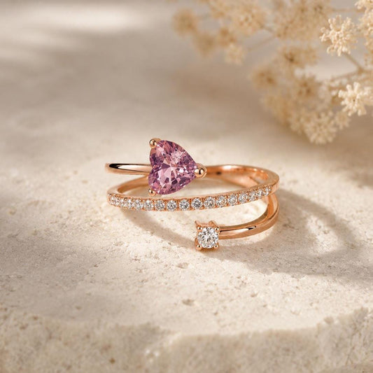 Natural Lavender Sapphire Heart Ring, 18K Rose Gold Open Bypass Ring, Genuine Diamond, September Birthstone Gift