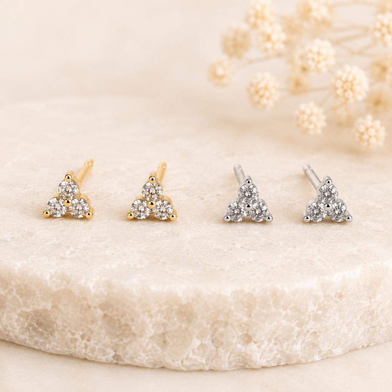 14K Solid Gold Genuine Diamond Trio Studs/Pair