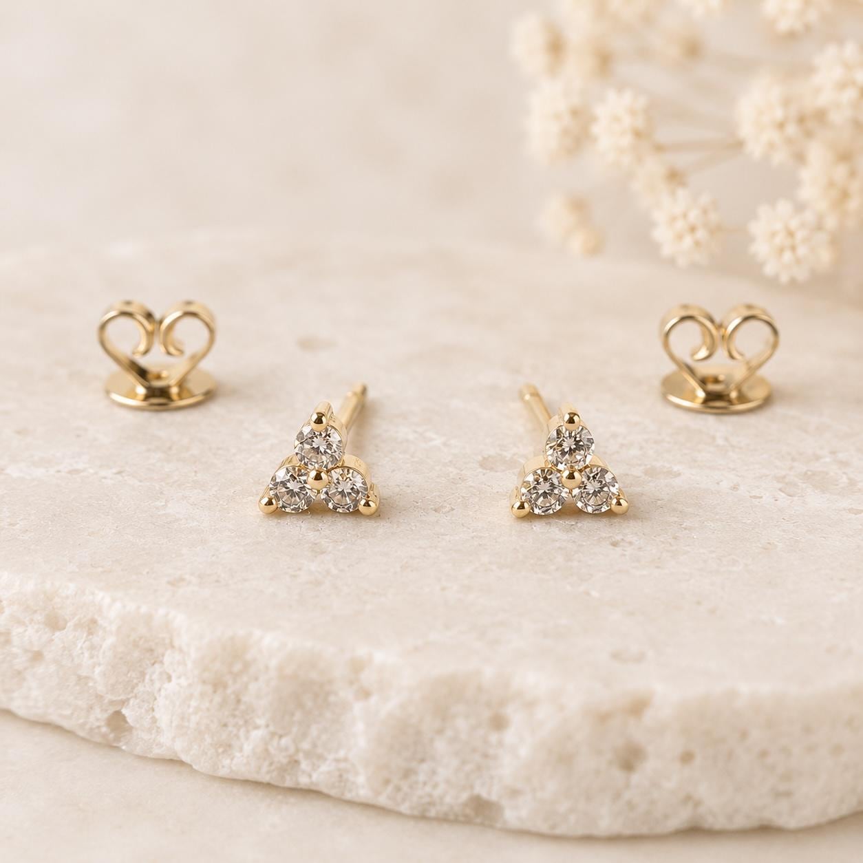 14K Solid Gold Genuine Diamond Trio Studs/Pair