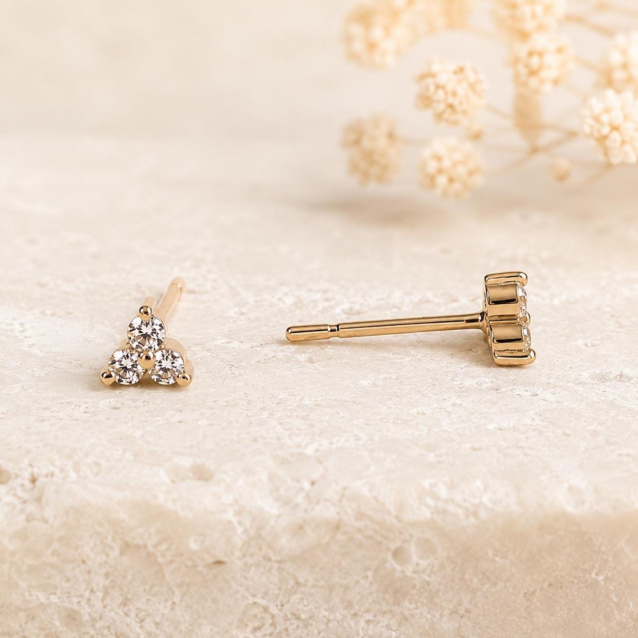 14K Solid Gold Genuine Diamond Trio Studs/Pair