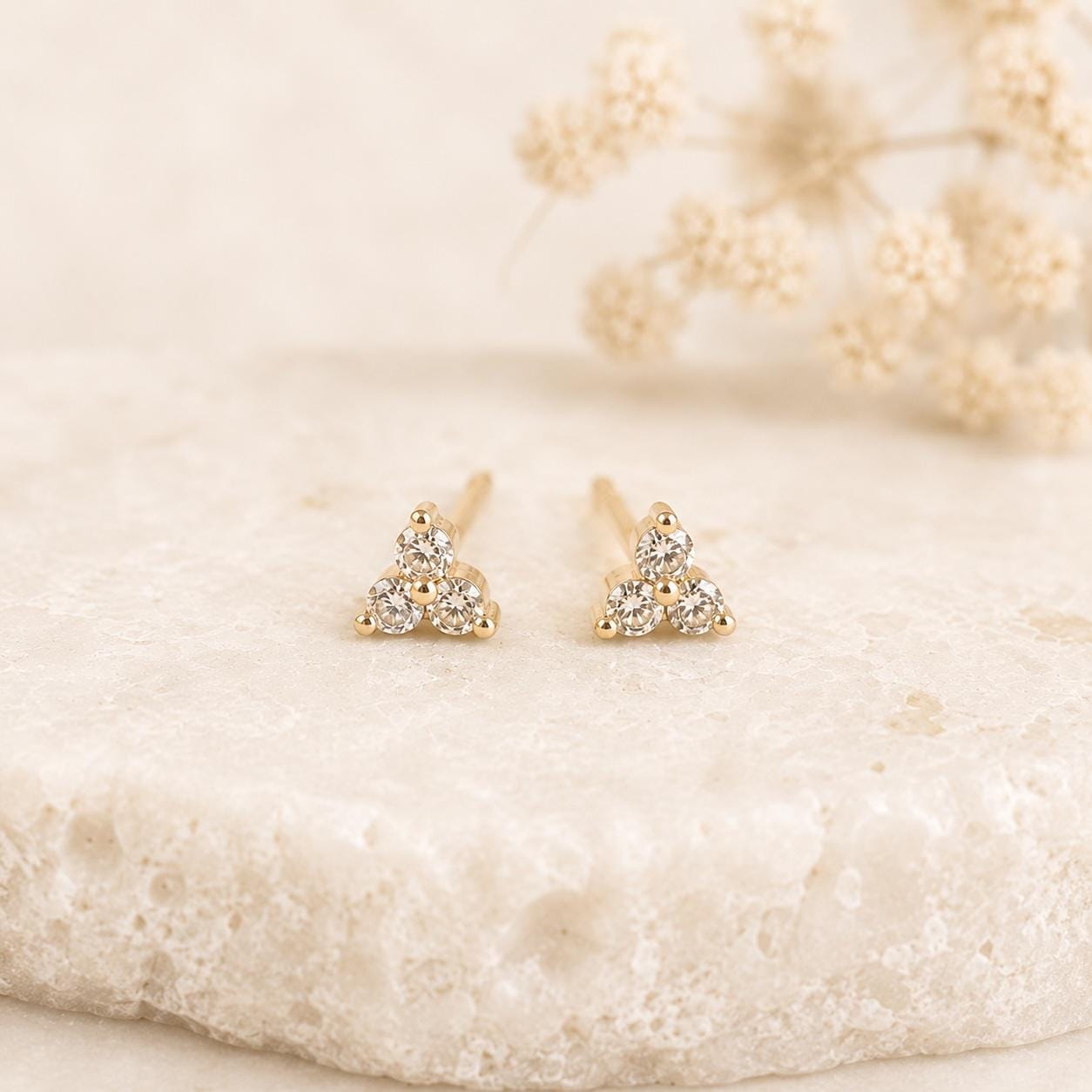 14K Solid Gold Genuine Diamond Trio Studs/Pair