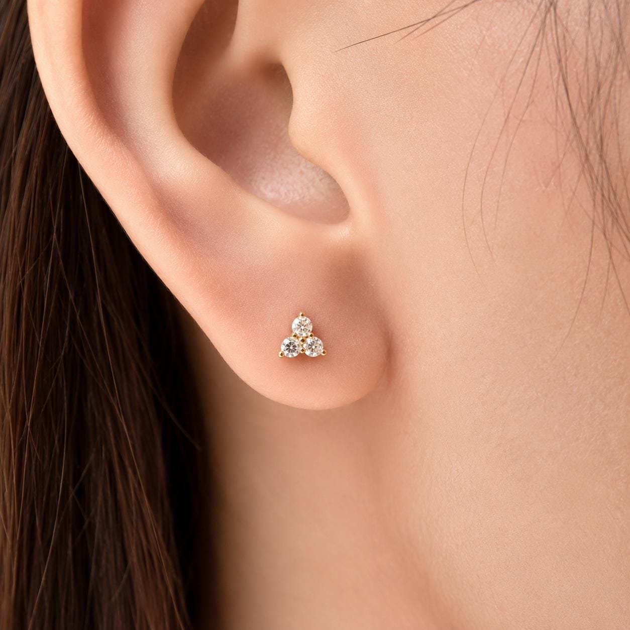 14K Solid Gold Genuine Diamond Trio Studs/Pair