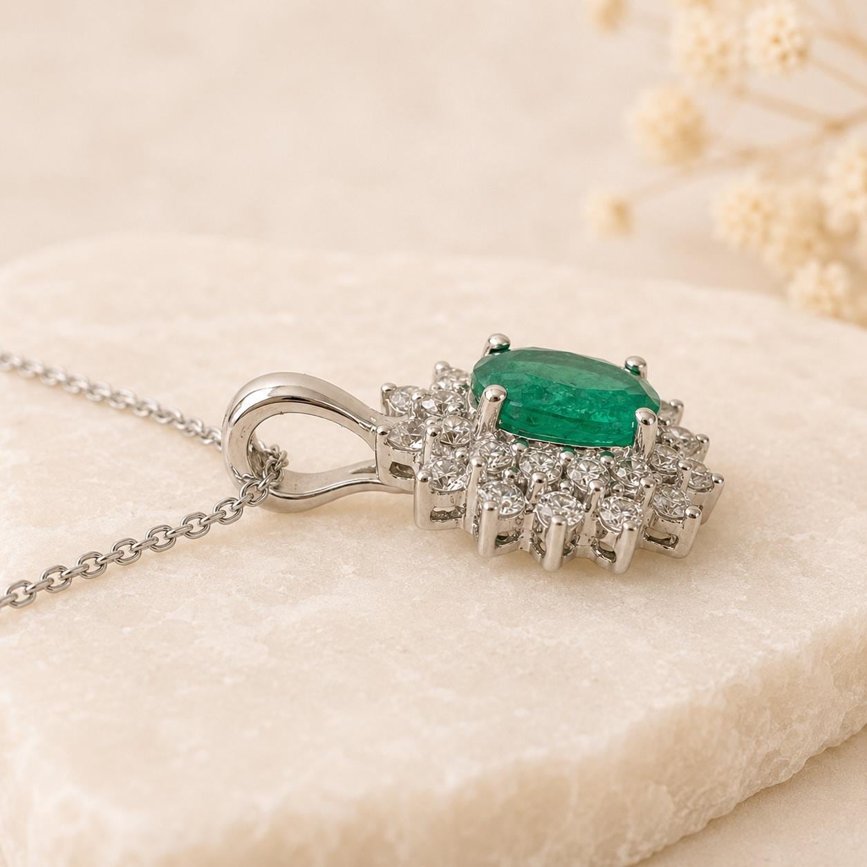 Natural Zambian Emerald Diamond Halo Necklace, 14K White Gold, Genuine Emerald Pendant, May Birthstone Gift
