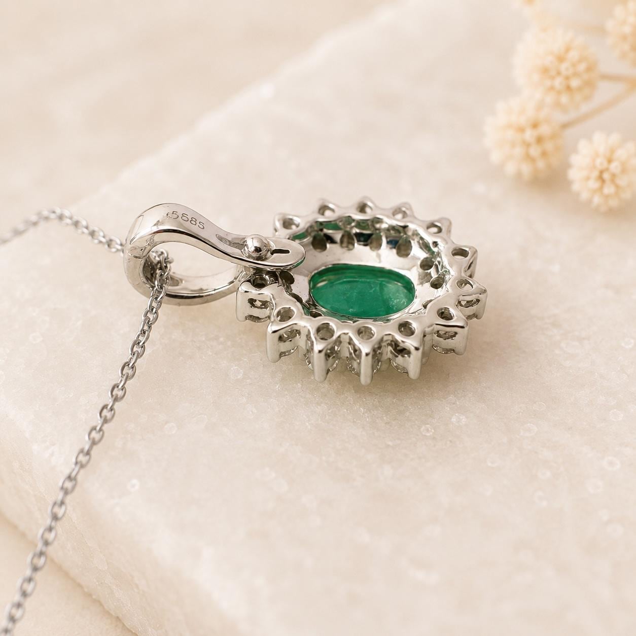 Natural Zambian Emerald Diamond Halo Necklace, 14K White Gold, Genuine Emerald Pendant, May Birthstone Gift