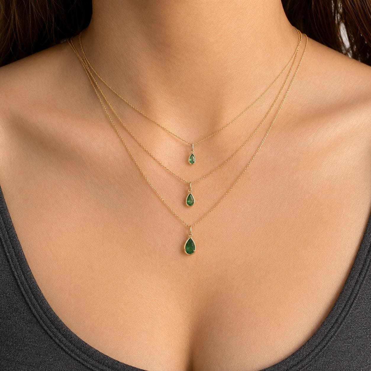 Natural Emerald Teardrop Necklace, 14K Gold Bezel Pendant, Genuine Pear Cut Emerald, May Birthstone Gift