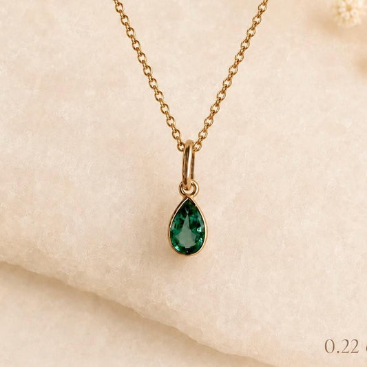 Natural Emerald Teardrop Necklace, 14K Gold Bezel Pendant, Genuine Pear Cut Emerald, May Birthstone Gift
