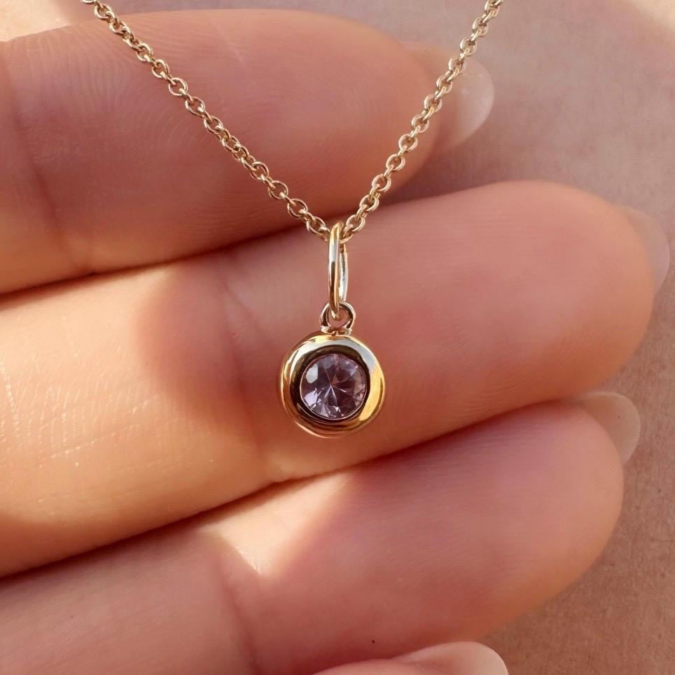 14K Solid Gold Genuine 4mm Pink Sapphire Bezel Studs and Pink Sapphire Bezel pendant