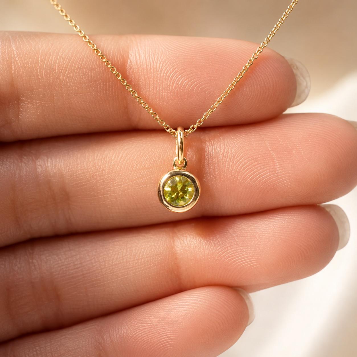 14K Solid Gold Genuine Bezel Peridot Pendant