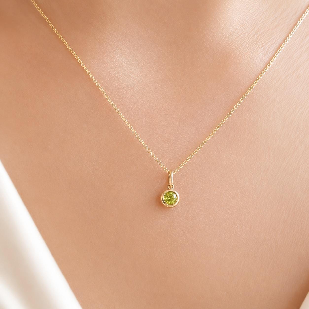 14K Solid Gold Genuine Bezel Peridot Pendant