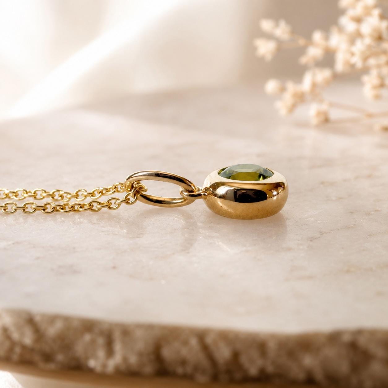 14K Solid Gold Genuine Bezel Peridot Pendant