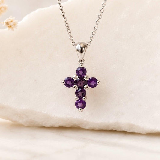 14K Solid Gold Genuine Amethyst Small Cross Pendant (pendant only)