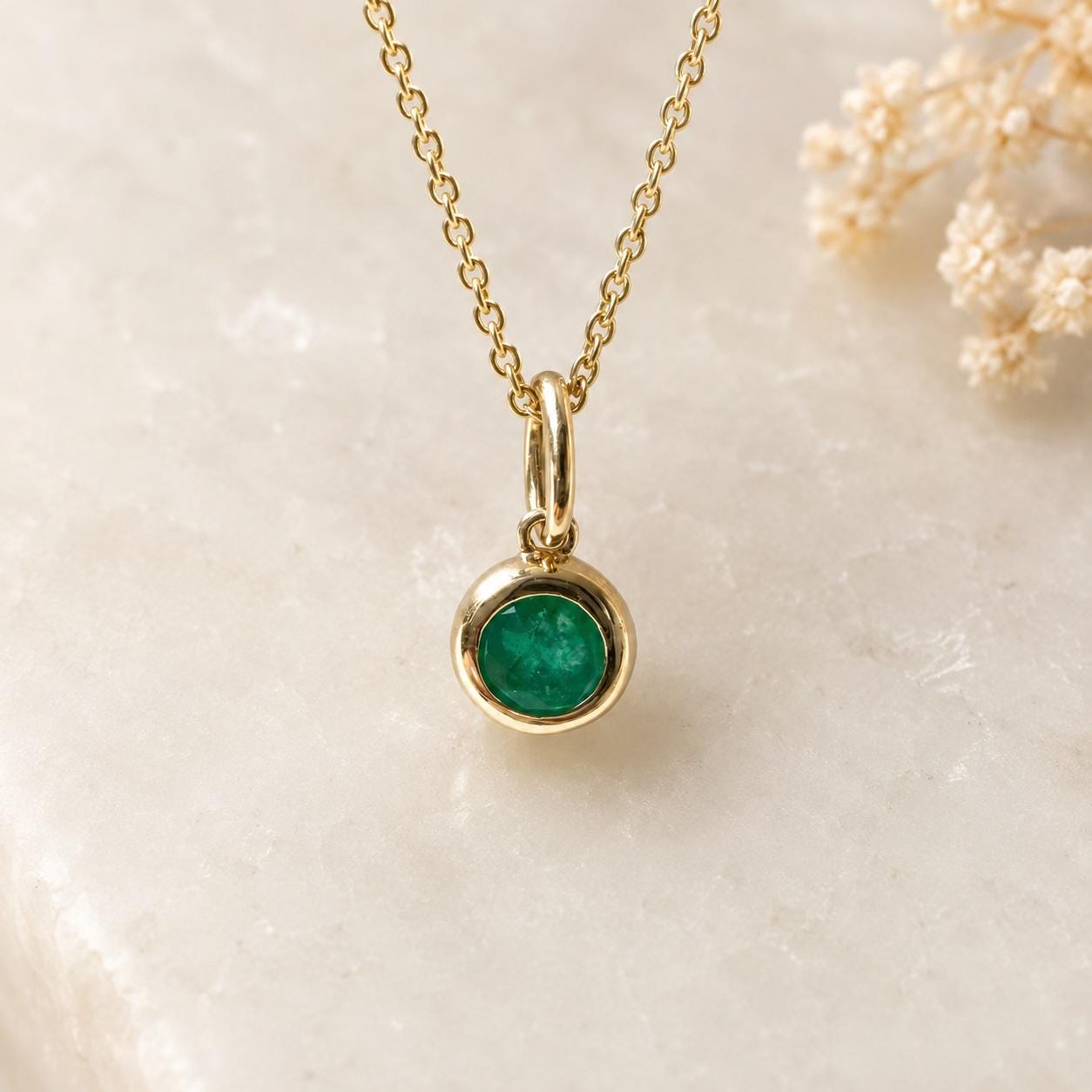 14K Solid Gold Genuine Bezel Emerald Pendant