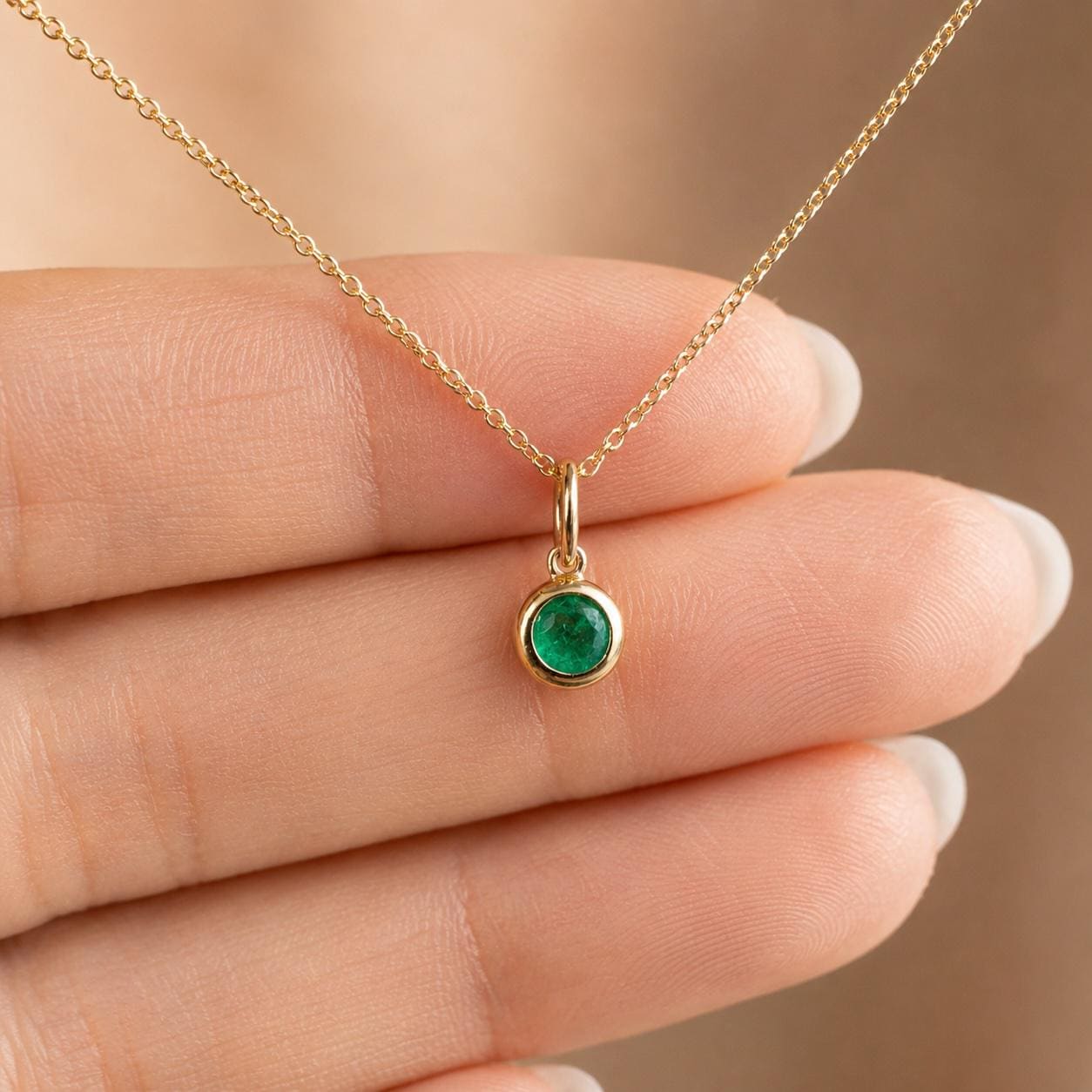 14K Solid Gold Genuine Bezel Emerald Pendant