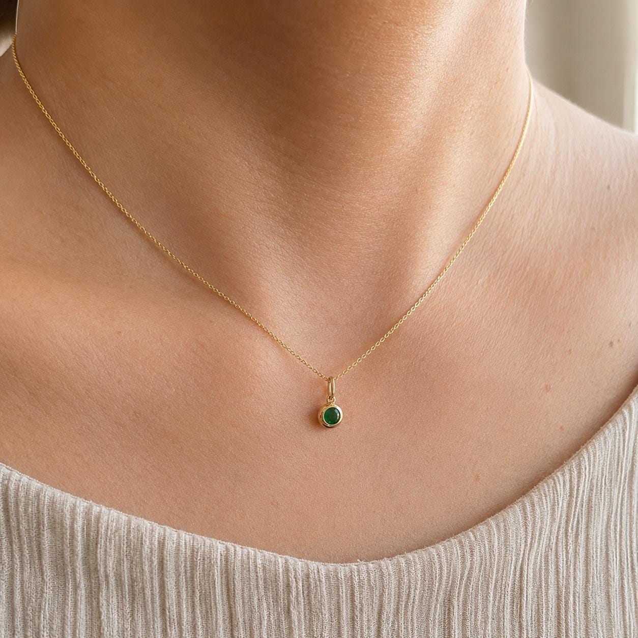 14K Solid Gold Genuine Bezel Emerald Pendant