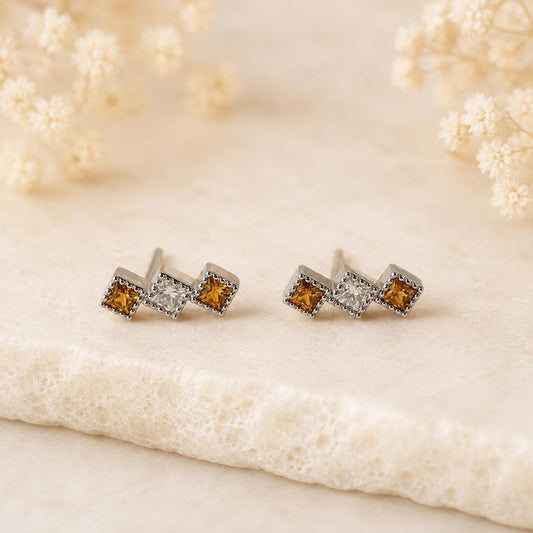 Orange Sapphire Earrings | 18K White Gold Diamond Stud Earrings | Genuine Sapphire Jewelry | September Birthstone Gift | Anniversary Gift