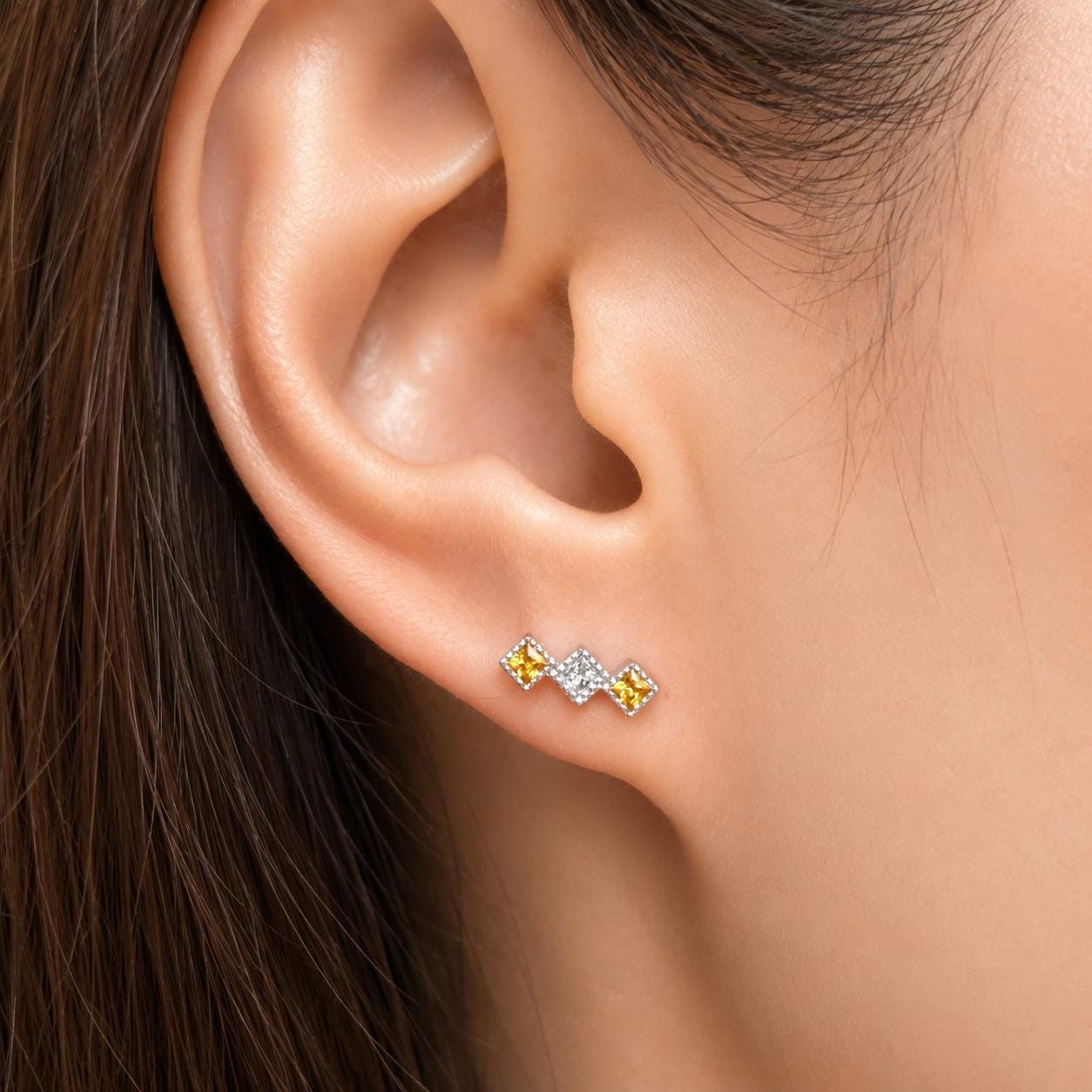 Orange Sapphire Earrings | 18K White Gold Diamond Stud Earrings | Genuine Sapphire Jewelry | September Birthstone Gift | Anniversary Gift