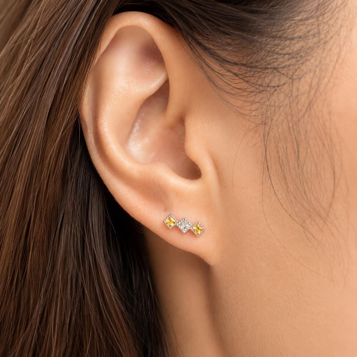 Orange Sapphire Earrings | 18K White Gold Diamond Stud Earrings | Genuine Sapphire Jewelry | September Birthstone Gift | Anniversary Gift