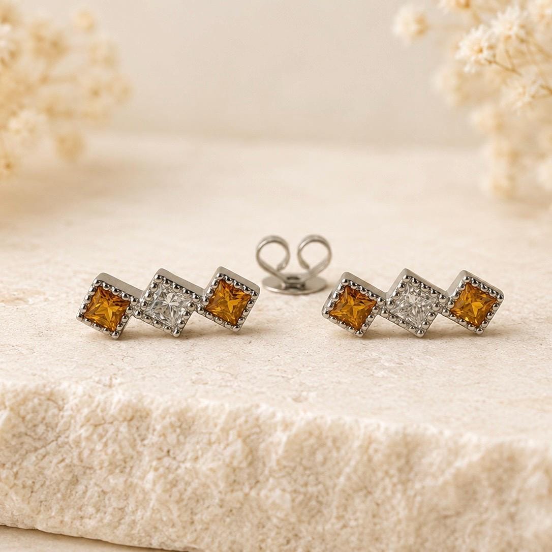 Orange Sapphire Earrings | 18K White Gold Diamond Stud Earrings | Genuine Sapphire Jewelry | September Birthstone Gift | Anniversary Gift