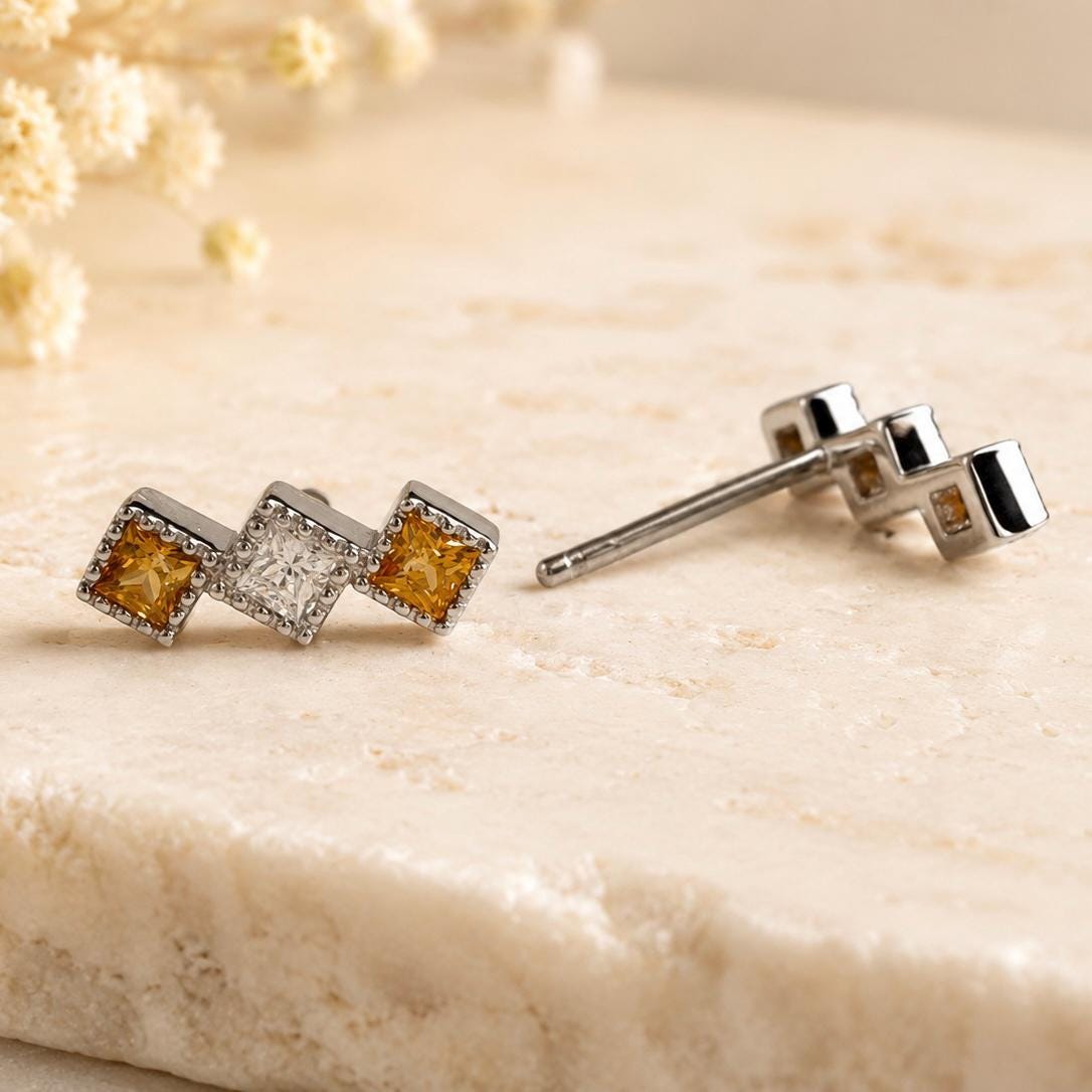 Orange Sapphire Earrings | 18K White Gold Diamond Stud Earrings | Genuine Sapphire Jewelry | September Birthstone Gift | Anniversary Gift