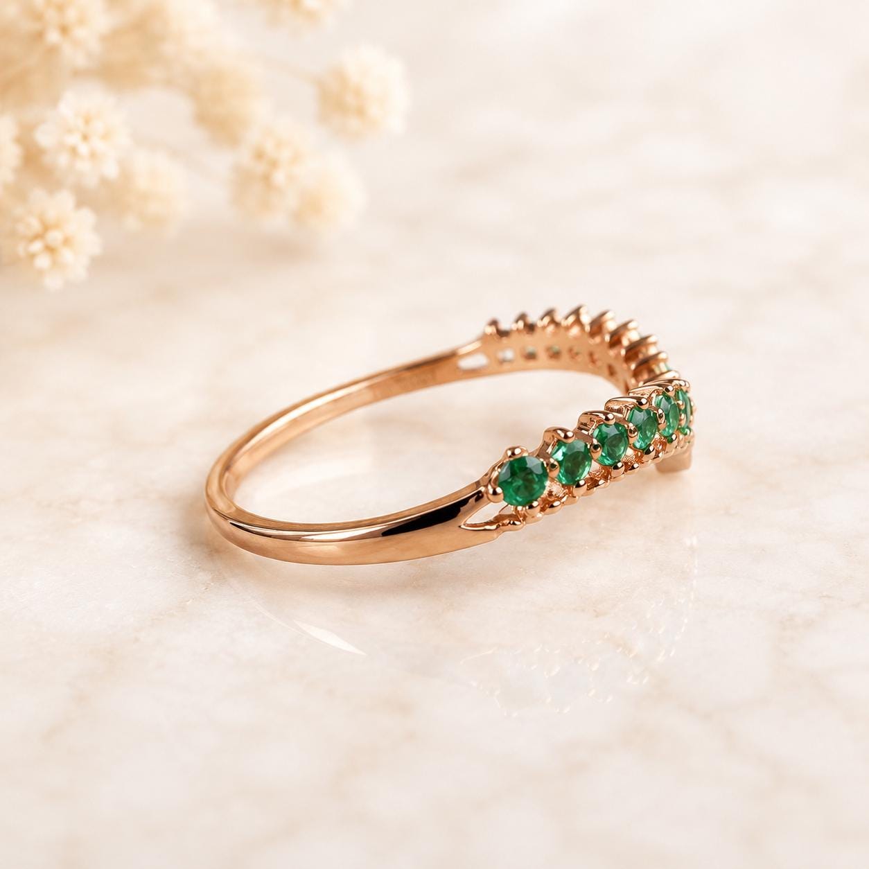 14K Solid White Gold Genuine Emerald Chevron Ring