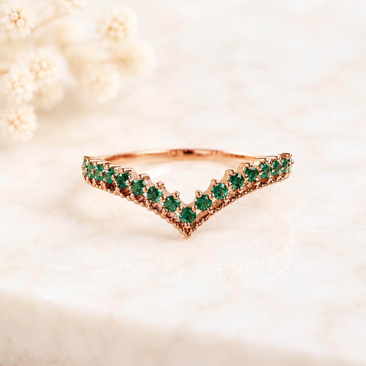 14K Solid White Gold Genuine Emerald Chevron Ring