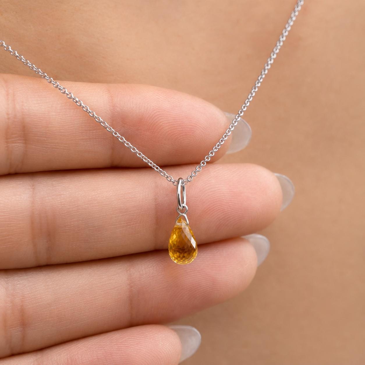 14K Solid White Gold Yellow Sapphire Necklace | Natural Yellow Sapphire Pendant | September Birthstone Necklace | Briolette Cut Pendant