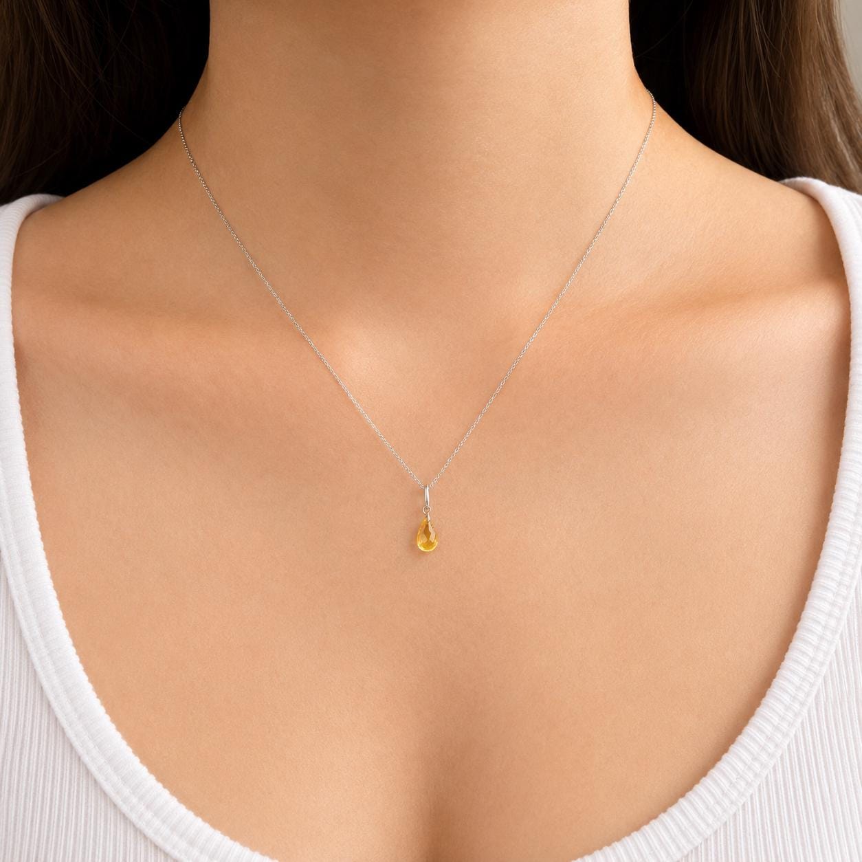 14K Solid White Gold Yellow Sapphire Necklace | Natural Yellow Sapphire Pendant | September Birthstone Necklace | Briolette Cut Pendant
