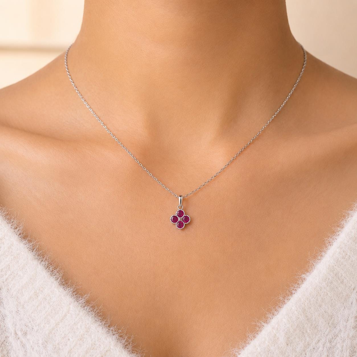 14K Solid Gold Genuine Ruby Clover Pendant (pendant only)