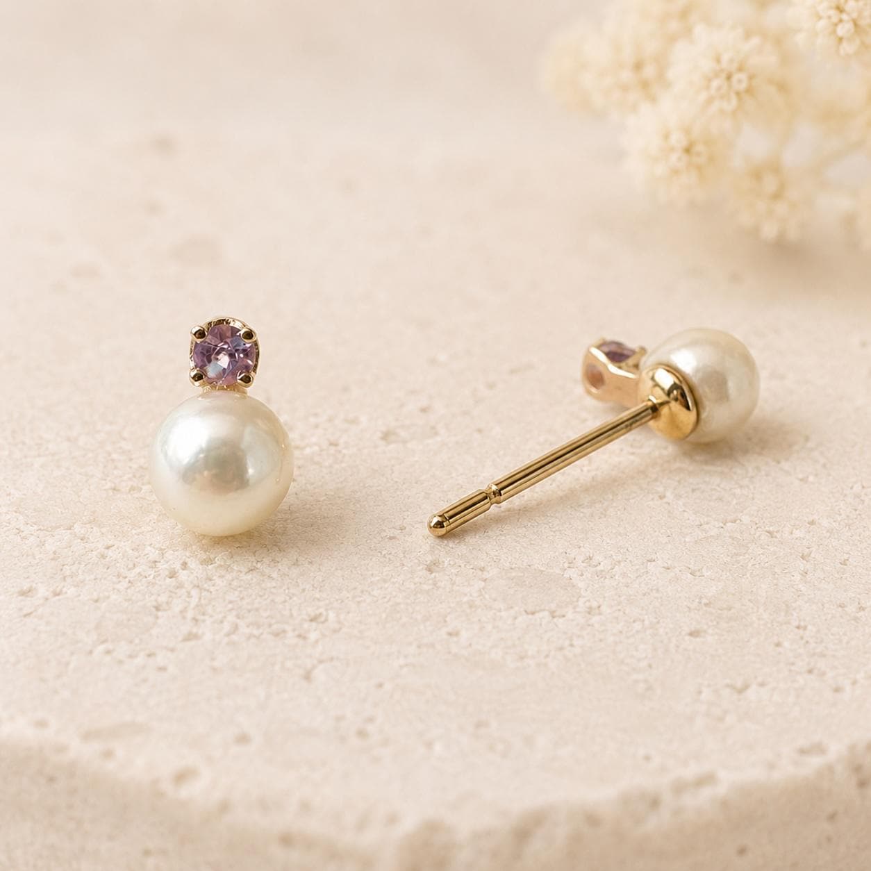 14K Solid Gold Genuine Akoya Pearl and Pink Sapphire Studs/Pair 5.5MM