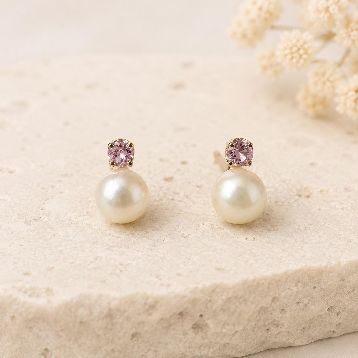 14K Solid Gold Genuine Akoya Pearl and Pink Sapphire Studs/Pair 5.5MM