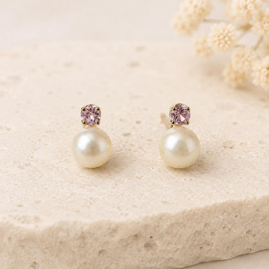 14K Solid Gold Genuine Akoya Pearl and Pink Sapphire Studs/Pair 5.5MM