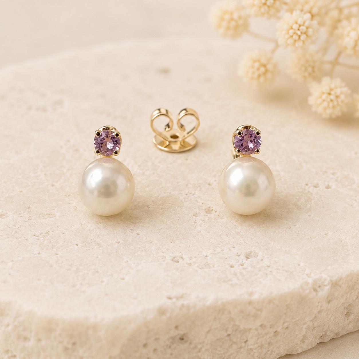 14K Solid Gold Genuine Akoya Pearl and Pink Sapphire Studs/Pair 5.5MM