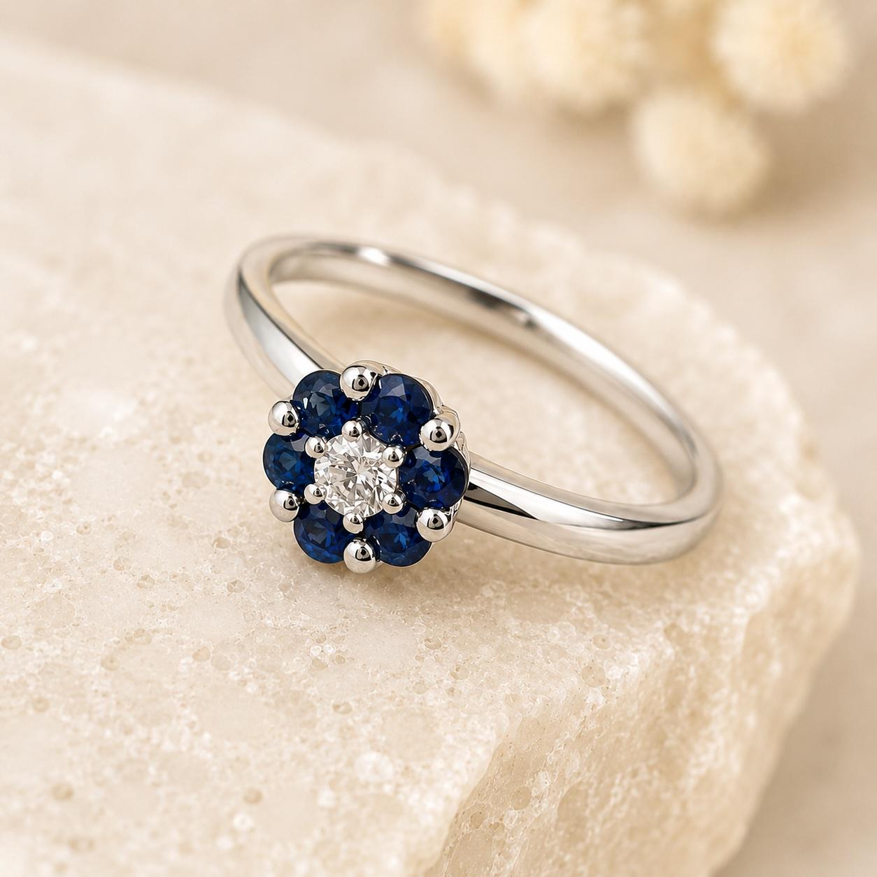 14K Solid White Gold Genuine Sapphire and Diamond Flower Ring