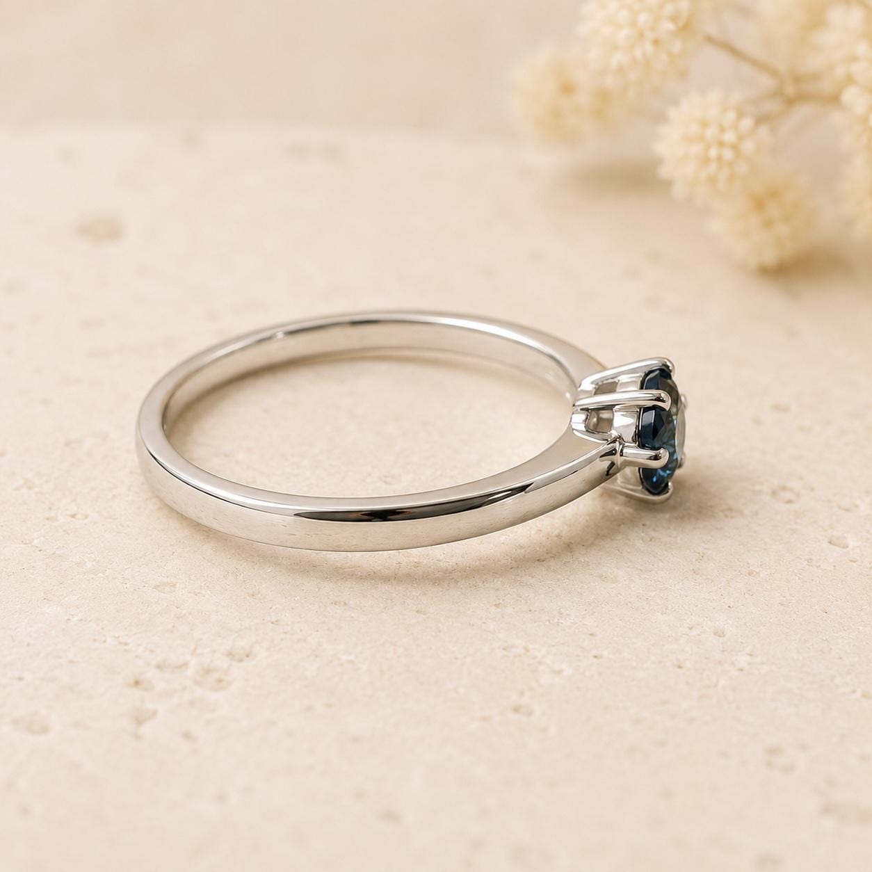 14K Solid White Gold Genuine Sapphire and Diamond Flower Ring