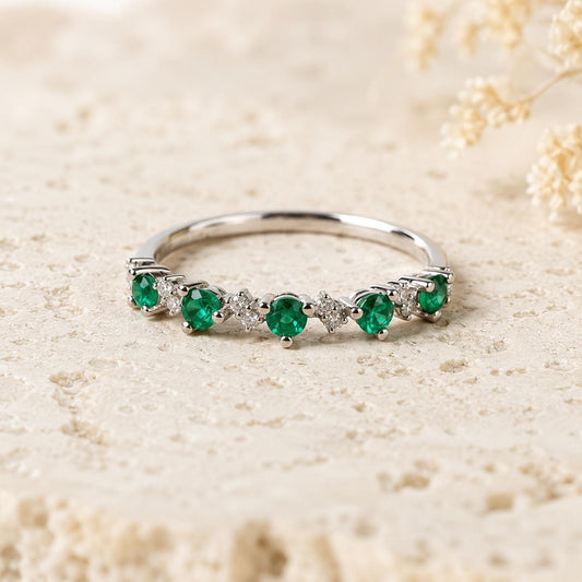 Natural Emerald Diamond Half Eternity Ring, 18K White Gold, Genuine Zambian Emerald Band, May Birthstone Gift