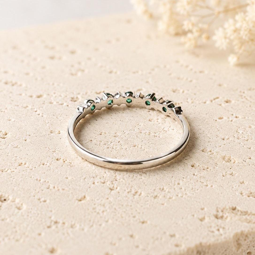 Natural Emerald Diamond Half Eternity Ring, 18K White Gold, Genuine Zambian Emerald Band, May Birthstone Gift