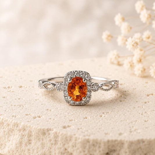 Natural Orange Sapphire Diamond Halo Ring, 18K White Gold, Genuine Oval Sapphire Vintage Twist Band, September Gift