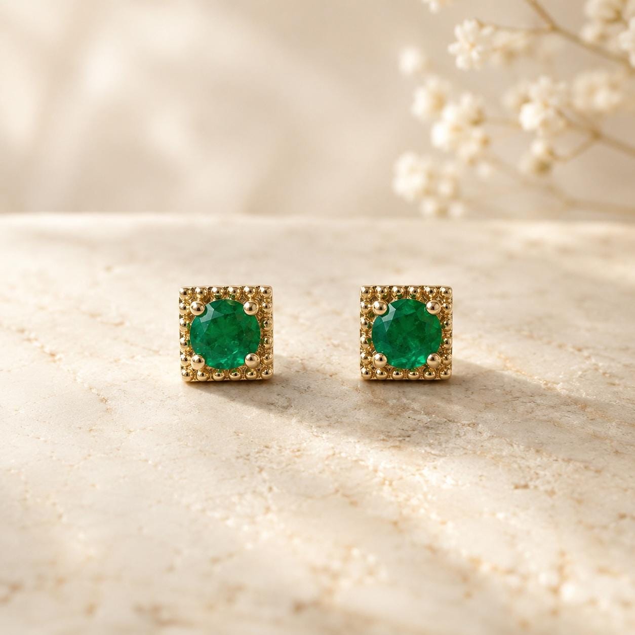 14K Solid Gold Genuine Emerald Square Studs/Pair