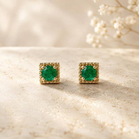 14K Solid Gold Genuine Emerald Square Studs/Pair