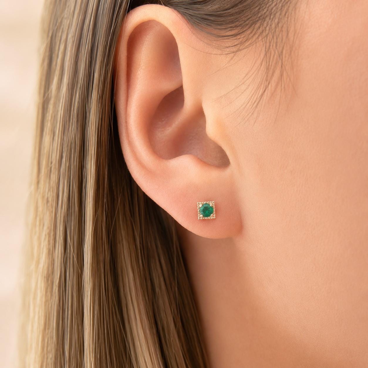 14K Solid Gold Genuine Emerald Square Studs/Pair