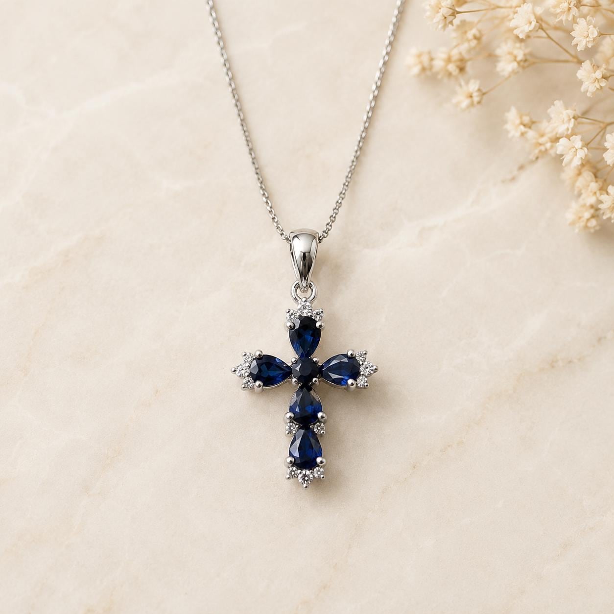 Sapphire Cross Necklace, 14K Solid Gold Diamond Cross Pendant, September Birthstone, Gift for Her