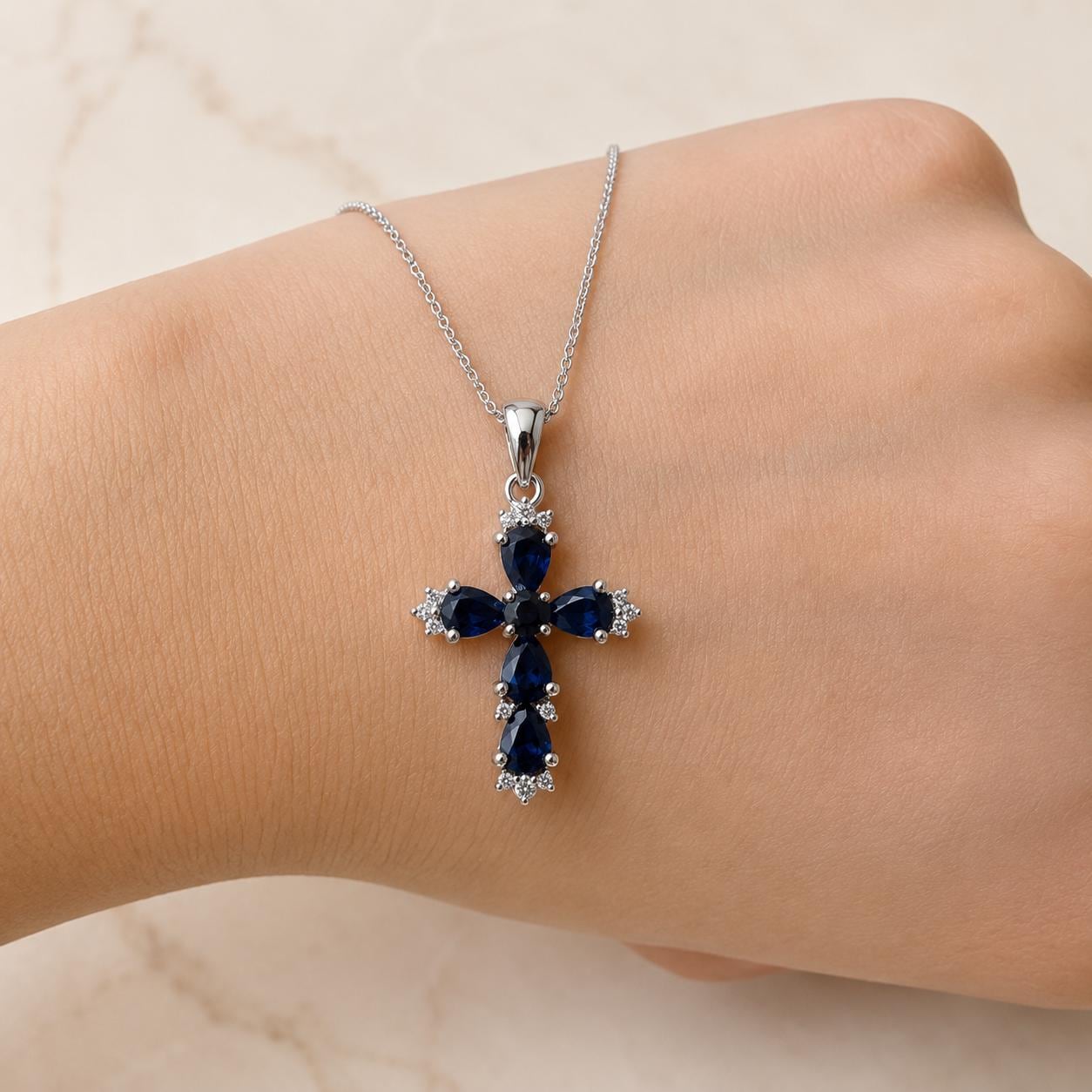 Sapphire Cross Necklace, 14K Solid Gold Diamond Cross Pendant, September Birthstone, Gift for Her