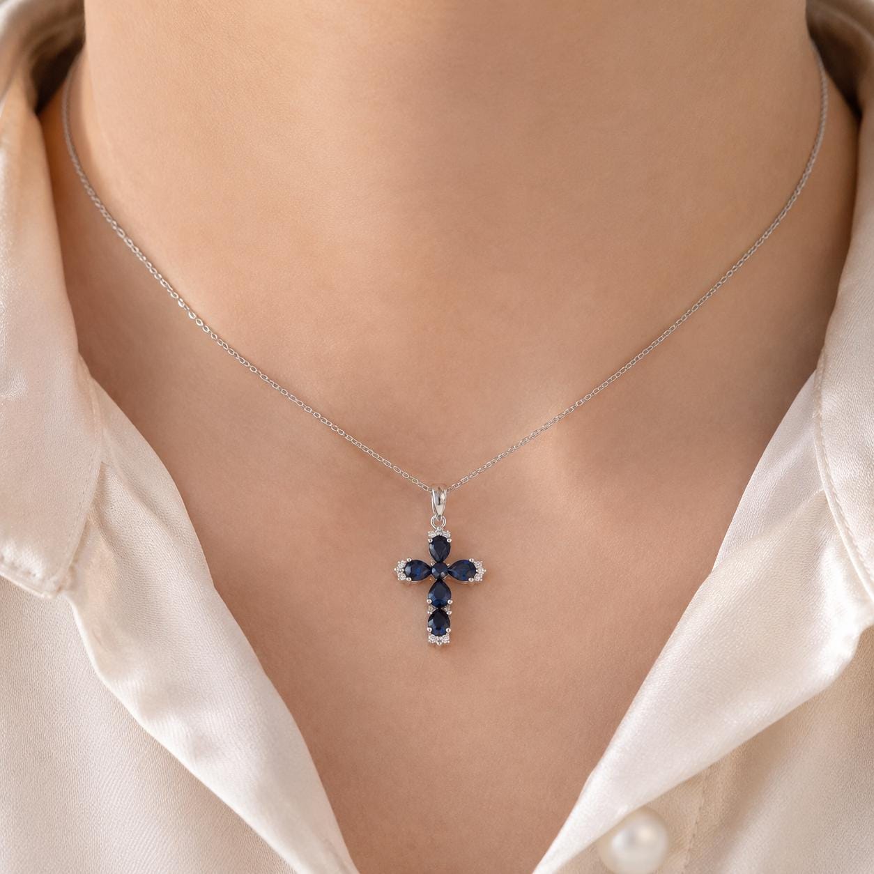 Sapphire Cross Necklace, 14K Solid Gold Diamond Cross Pendant, September Birthstone, Gift for Her