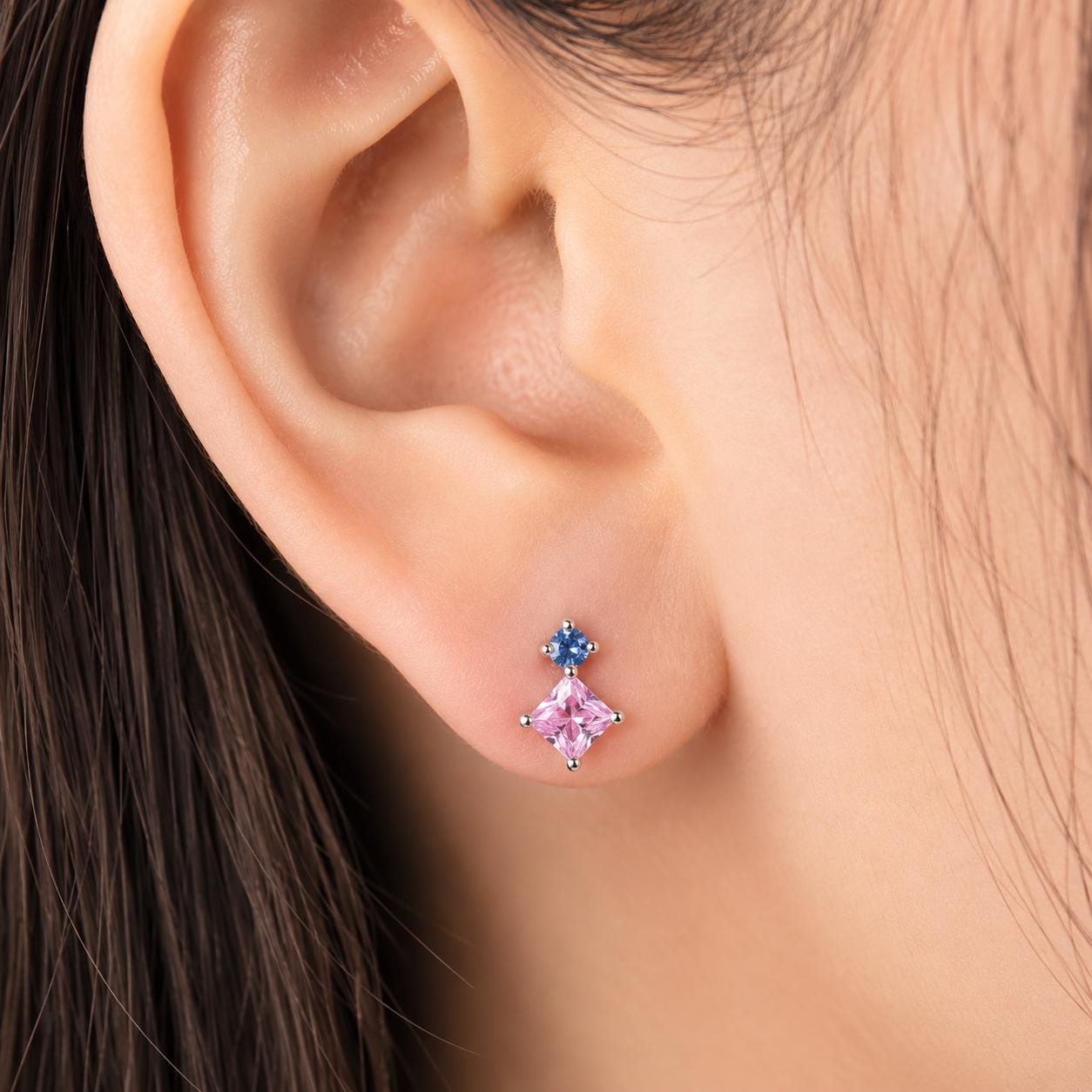 14K Solid Gold Genuine Pink Sapphire and Blue Sapphire Stacked Studs (pair)