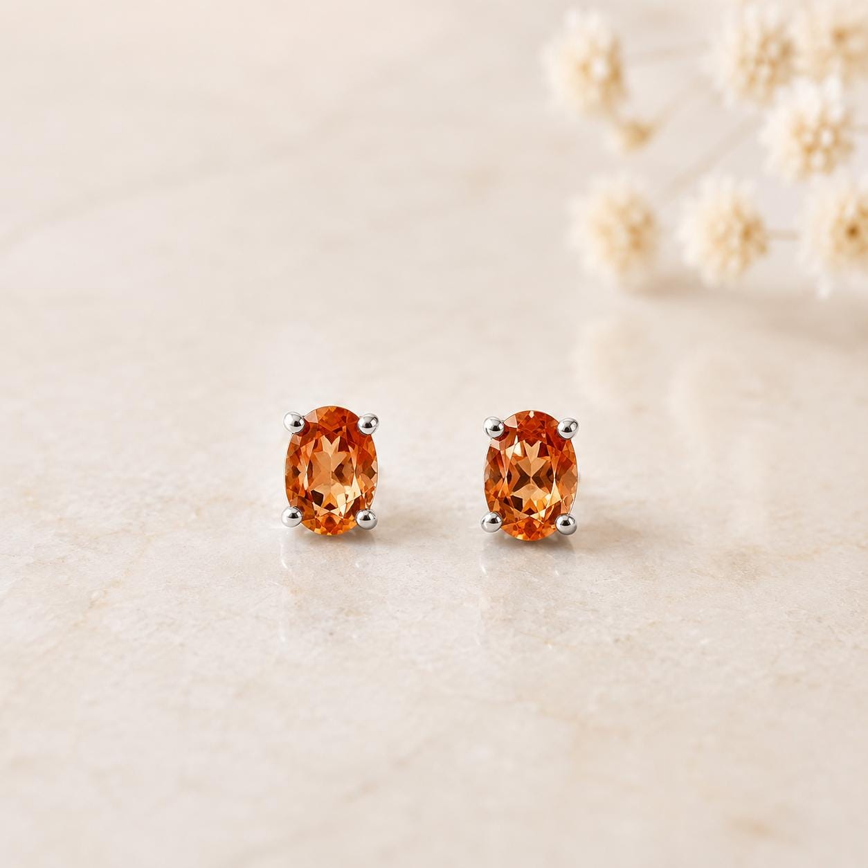 14K Solid Gold Genuine Orange Sapphire Oval Studs/Pair