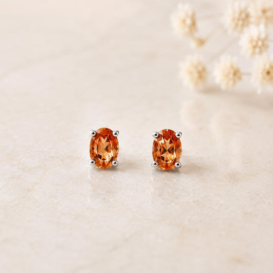 14K Solid Gold Genuine Orange Sapphire Oval Studs/Pair