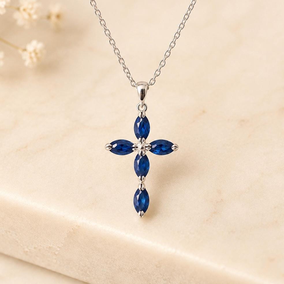 14K Solid Gold Genuine Sapphire Cross Pendant (pendant only)